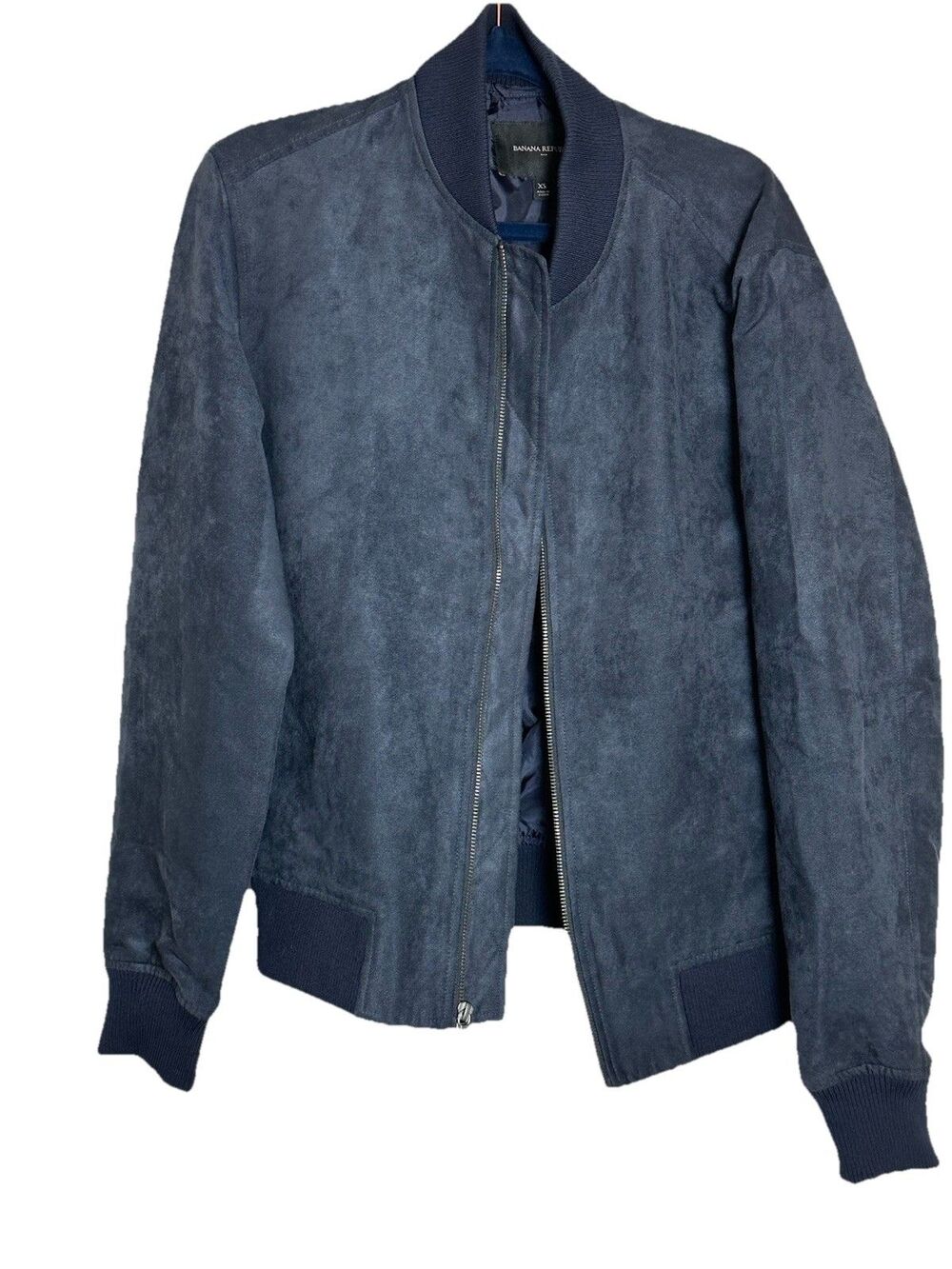 EUC Banana Republic Moody Blue Vegan Suede Bomber Jacket, Button Front, Women XS